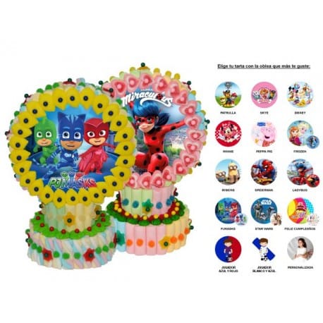 TARTA DECORATIVA DE GOLOSINAS SURTIDAS CON OBLEA DIBUJOS