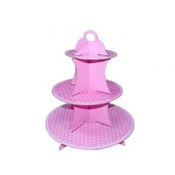 EXPOSITOR DECORATIVO PARA CUPCAKES ROSA CON LUNARES BLANCOS ALTURA 36 CM.