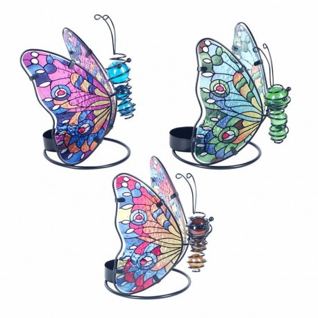 SET 3 PORTAVELAS MARIPOSAS METAL Y CRISTAL 11X9X12.5 CM.