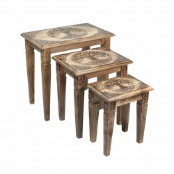 SET 3 MESAS ÁRBOL DE LA VIDA MADERA DE MANGO 56X35X55 CM.