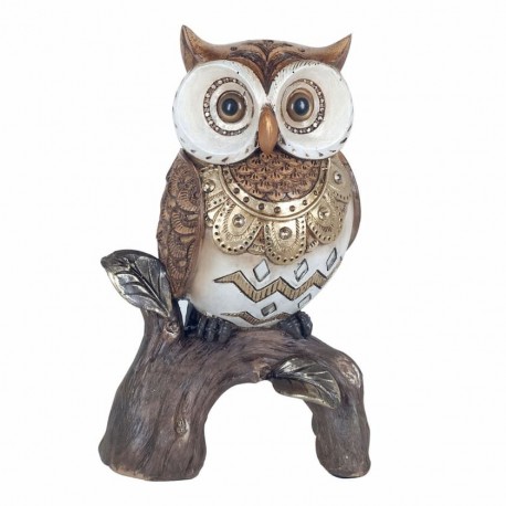 FIGURA BÚHO CON ESPEJOS SOBRE RAMA RESINA 9.5X6.5X15.5 CM.