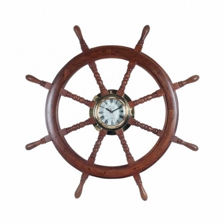 RELOJ PARED TIMÓN MARINERO MADERA Y LATÓN 92X5X92 CM.