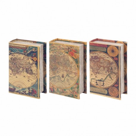 SET 3 CAJAS LIBRO MAPA MUNDO DM FORRADO POLY 17X11X5 CM.