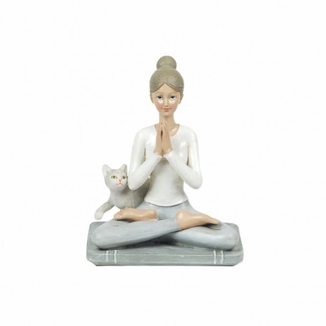 FIGURA MUJER YOGA CON GATO RESINA 11X8X13 CM.