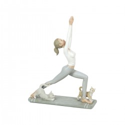 FIGURA MUJER YOGA CON GATO GRAN PASO EXTENDIDO RESINA 19X6.5X25 CM.