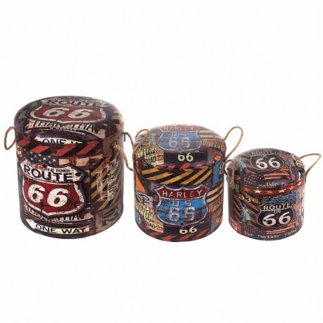 SET 3 CAJAS TABURETE ROUTE 66 VINTAGE 40X40X43 CM.