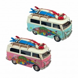 SET 2 FIGURAS AUTOBÚS FLORES HIPPIE SURF VINTAGE METAL 25X11X14.5 CM.