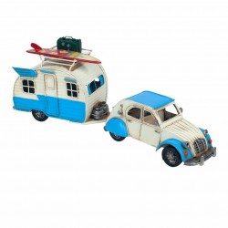 FIGURA COCHE REMOLQUE CON CARAVANA SURF METAL VINTAGE 40X9.5X15 CM.