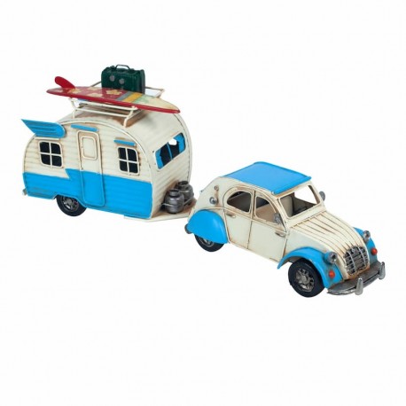 FIGURA COCHE REMOLQUE CON CARAVANA SURF METAL VINTAGE 40X9.5X15 CM.