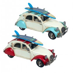 SET 2 FIGURAS COCHE ESCARABAJO SURF METAL VINTAGE 27X10.5X14 CM.