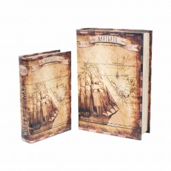 SET 2 CAJAS LIBRO BARCO MAPA MARRÓN MADERA 30X21X7 CM.