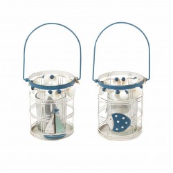 SET 2 PORTAVELAS T-LITE CUBOS BARCO Y PEZ AZUL METAL 9X9X11 CM.