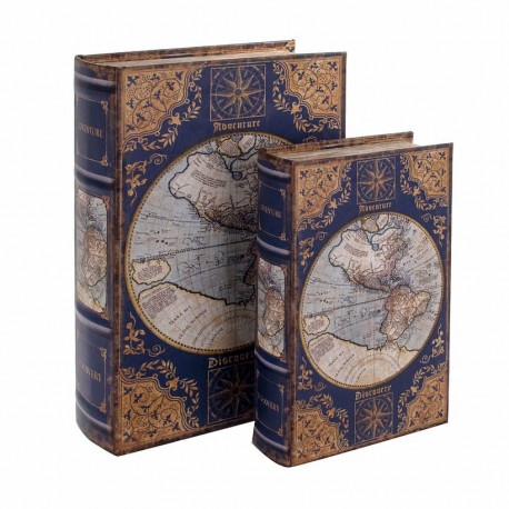 SET 2 CAJAS LIBRO MAPA MUNDO MADERA 27X18X7 CM.