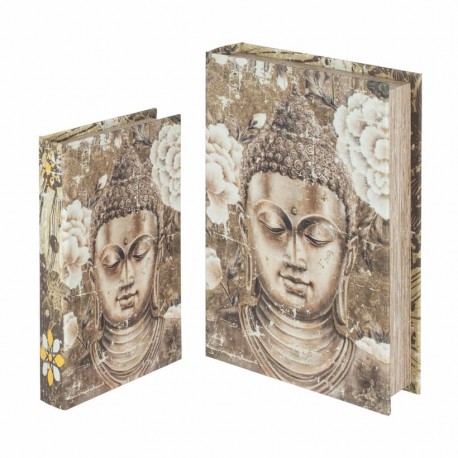 SET 2 CAJAS LIBRO BUDA ORIENTAL MADERA 26X17X5 CM.