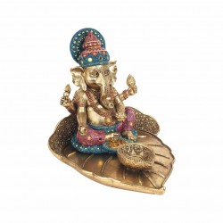 FIGURA GANESHA SOBRE HOJA RESINA DORADO 22X19X19CM.