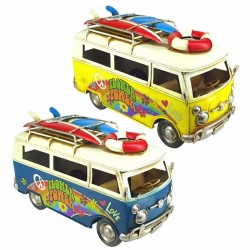 SET 2 FIGURAS AUTOBÚS SURF FLORES HIPPIE RETRO METAL 25.5X12X14.5 CM.