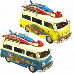 SET 2 FIGURAS AUTOBÚS SURF FLORES HIPPIE RETRO METAL 17X7.5X9.5 CM.