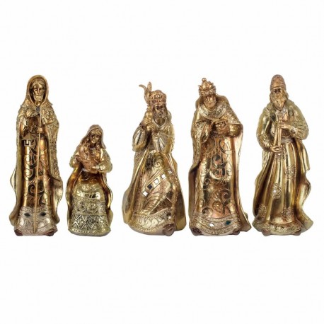 FIGURAS NACIMIENTO CON REYES MAGOS 5 PIEZAS RESINA DORADO 10.5X7X30.50 CM.