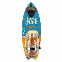 ABRIDOR BOTELLAS TABLA SURF CON RECIPIENTE PARA CHAPAS PARED MADERA 11.5X9X33.5 CM.