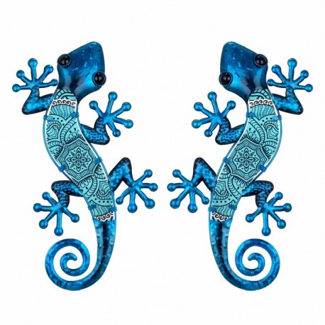 SET 2 APLIQUES PARED LAGARTO METAL Y CRISTAL AZUL 36X17X1 CM.