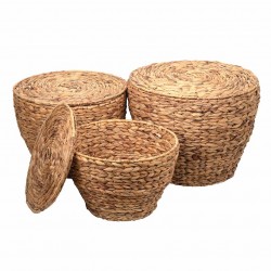 SET 3 CESTAS CON TAPA JACINTO DE AGUA NATURAL 50X50X39 CM.