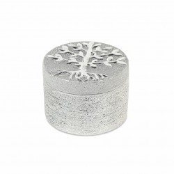 CAJA REDONDA ÁRBOL DE LA VIDA GRIS CERÁMICA 13.5X13.5X10 CM.