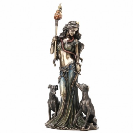 FIGURA HECATE DIOSA GRIEGA DE LA MAGIA RESINA BRONCE 15X11.5X33 CM.