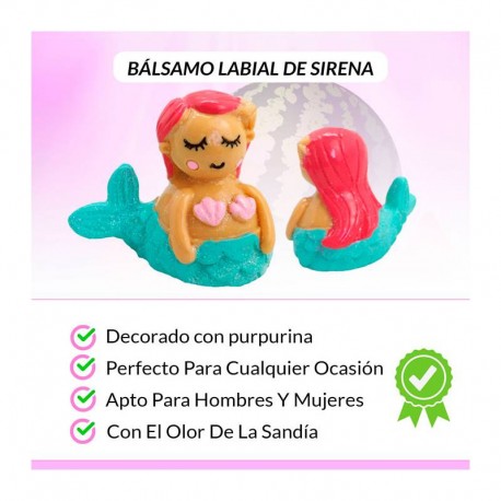 LOTE DE 10 BÁLSAMOS LABIALES DECORATIVOS INFANTILES SIRENITA PURPURINA 4.5X5X3 CM.