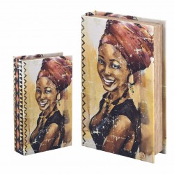 SET 2 CAJAS LIBRO AFRICANA MADERA 17X5X26 CM.