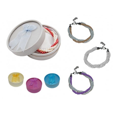 PULSERA TRIPLE DE PERLAS BLANCAS-COLORES EN CAJA CON LAZO