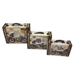 SET 3 MALETAS MOTOS RUTA 66 MADERA Y METAL 40X14.50X30 CM.