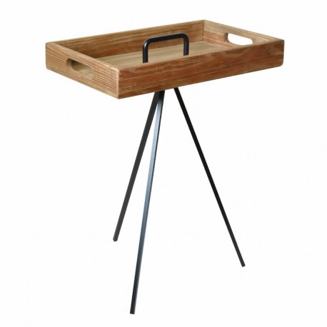 MESA DECORATIVA BANDEJA RECTANGULAR TRES PATAS RÚSTICA MADERA MARRÓN 45X35X58 CM.