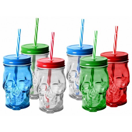 LOTE 12 VASOS BOTELLA REFRESCO CALAVERA CON PAJA CRISTAL 13 CM. 430 ML.