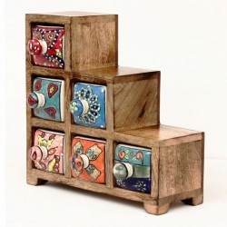 ESPECIERO 6 CAJONES ESCALERA MADERA Y CERÁMICA MULTICOLOR 22X11X22 CM.