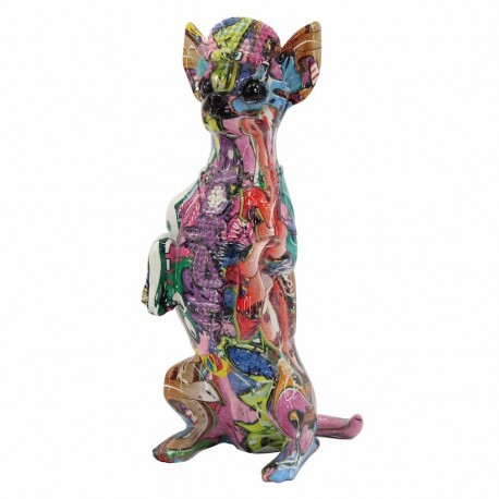 FIGURA PERRO CHIHUAHUA MULTICOLOR GRAFITI RESINA 13X11X29 CM.