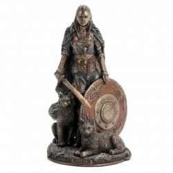 FIGURA DIOSA FREYA CON ESCUDO MAIDEN NORSE RESINA BRONCE 12X11X22 CM.