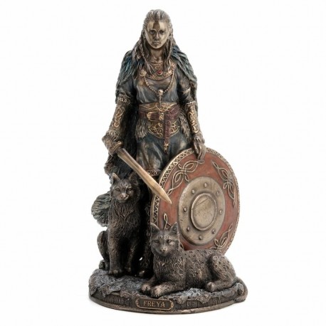 FIGURA DIOSA FREYA CON ESCUDO MAIDEN NORSE RESINA BRONCE 12X11X22 CM.