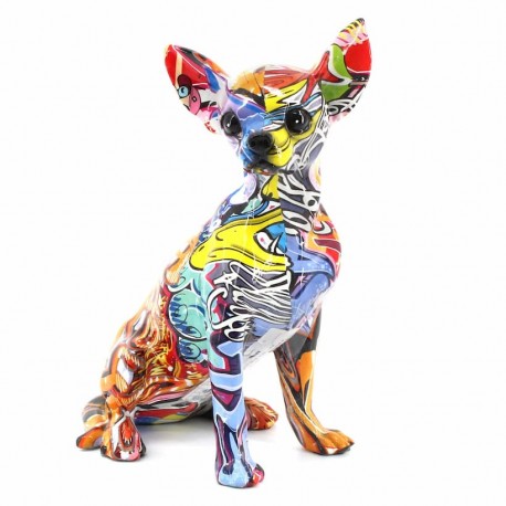 FIGURA PERRO CHIHUAHUA MULTICOLOR GRAFITI RESINA 12X17X25 CM.