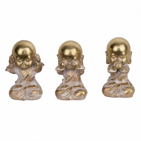 SET 3 FIGURAS MONJES NO VE, NO OYE, NO HABLA DORADOS RESINA 7.30X6.30X11 CM.