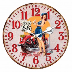 RELOJ PARED RUTA 66 MOTO CON MUJER POLICÍA MADERA RETRO 34X4X34 CM.