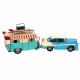 FIGURA COCHE CON CARAVANA TABLA SURF AZUL METAL RETRO 40X16X15 CM.