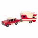 FIGURA COCHE CON CARAVANA VIAJE ROJO METAL RETRO 42X9X13 CM.