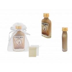 LOTE 25 BOTELLAS PETACA LICOR CREMA LA RIVERA EN BOLSA DE TUL 8 CM.
