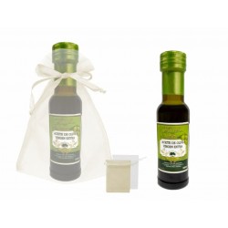 LOTE 8 BOTELLAS MINI DE ACEITE DE OLIVA VIRGEN EXTRA LA RIVERA EN BOLSA DE TUL CRISTAL 16 CM.