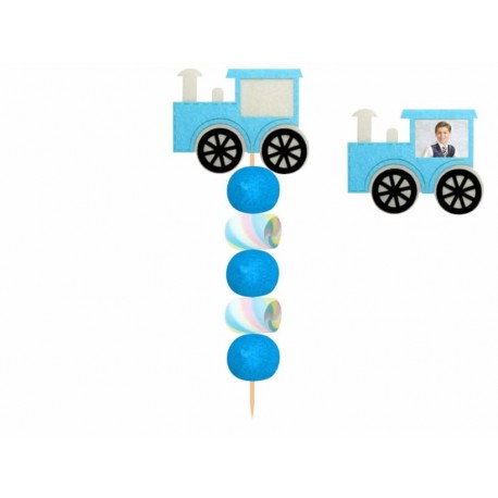 LOTE 12 BROCHETAS DE GOLOSINAS TREN AZUL CON FOTO FIELTRO