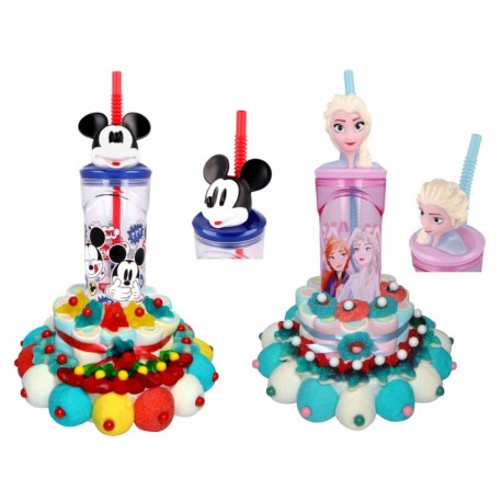 TARTA DE GOLOSINAS SURTIDAS CON VASO FIGURITA DISNEY 3D A ELEGIR O SURTIDAS CON CAÑA 460 GR.