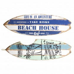 SET 2 ADORNOS PARED TABLA SURF FRASES AZUL MADERA 24X0.90X75 CM.