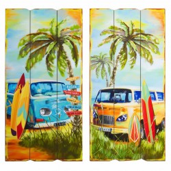 SET 2 ADORNOS PARED SURF CON FURGONETA Y TABLAS DE SURF MADERA 30X1.80X60 CM.