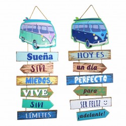 SET 2 ADORNOS COLGANTES PARED SURF FURGONETA FRASES MOTIVACIÓN MADERA 27X0.90x65 CM.