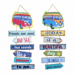 SET 2 ADORNOS COLGANTES PARED SURF FURGONETA FRASES MOTIVACIÓN MADERA 30X0.90x65 CM.